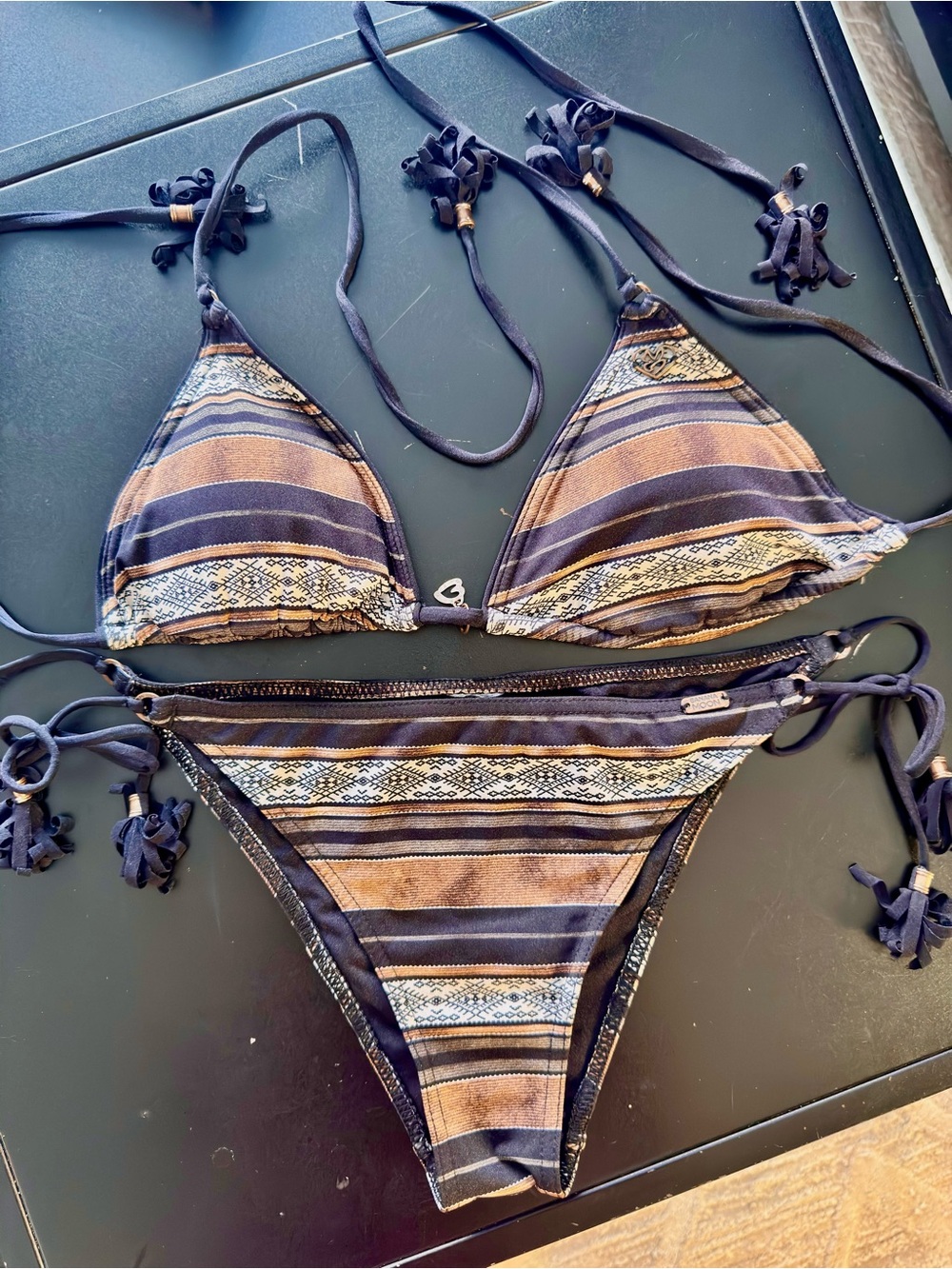 Bananamoon Black & Brown Striped Triangle ethnic Bikini